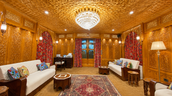 Handcrafted living room - luxury houseboat interior Dal Lake